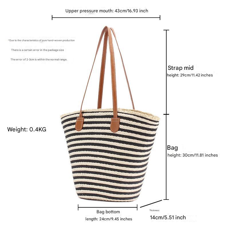 Black And White Stripes Handmade Large Capacity Striped Beach Tote Bag with Zipper and Inner Pocket - Summer Vacation Woven Shoulder Bag for Women