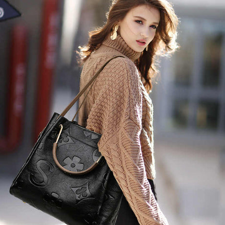 Brown Elegant Embossed PU Leather Tote Bag for Women - Large Capacity Handbag with Inner Pouch