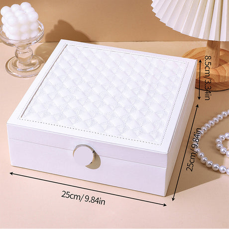 White Luxury Quilted Jewelry Storage Box with Mirror and Multi-Layer Compartments