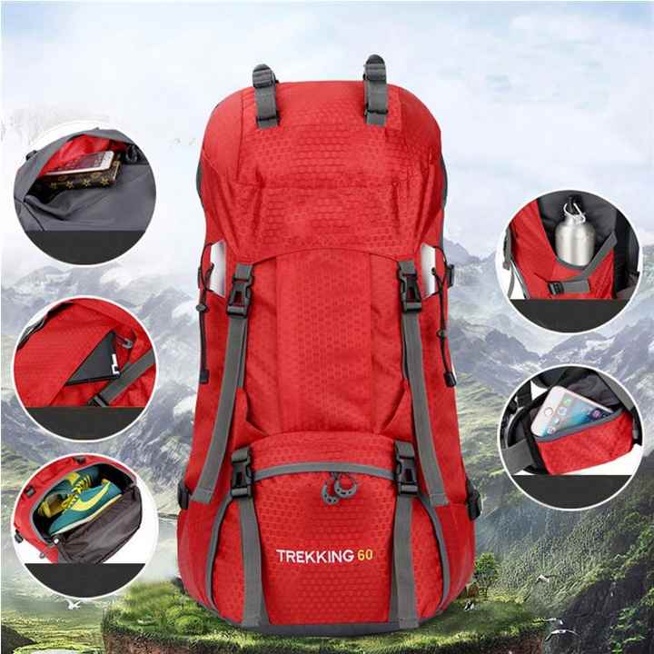 Black 60L Waterproof Hiking Backpack with Multi-Pocket Design for Outdoor Adventures