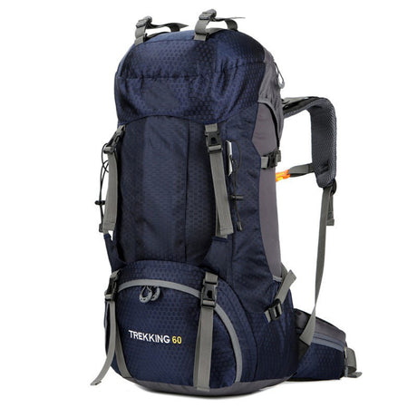 Dark Blue 60L Waterproof Hiking Backpack with Multi-Pocket Design for Outdoor Adventures