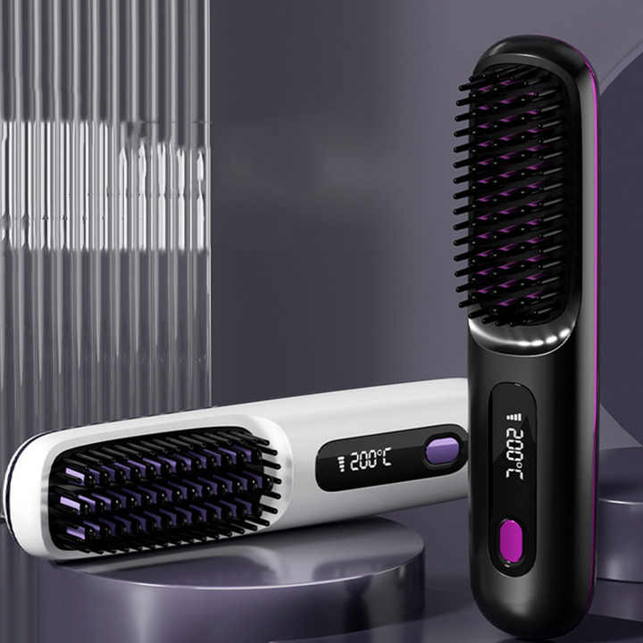 White Wireless Hair Straightening Brush - Compact and Rechargeable Styling Tool