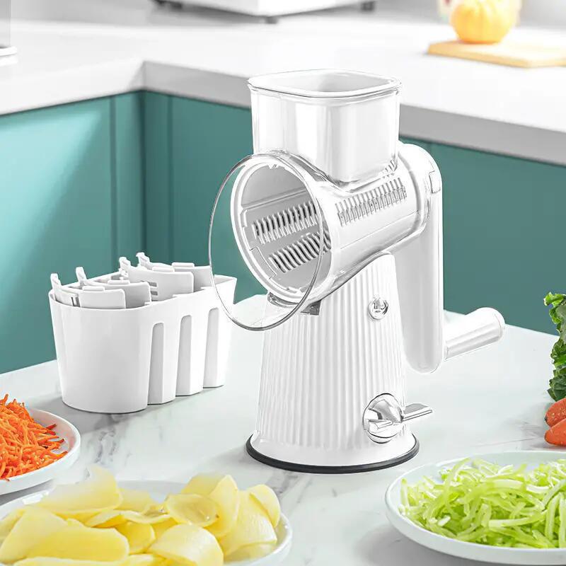 White Multifunctional Manual Rotary Vegetable Slicer with 10 Blades - Safe and Easy-to-Use