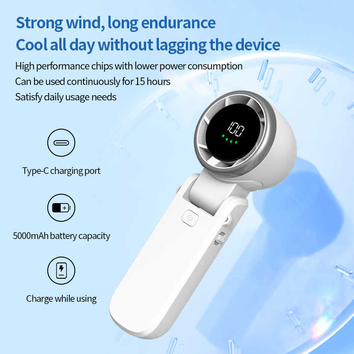 White Portable USB Rechargeable Handheld Fan with Digital Display