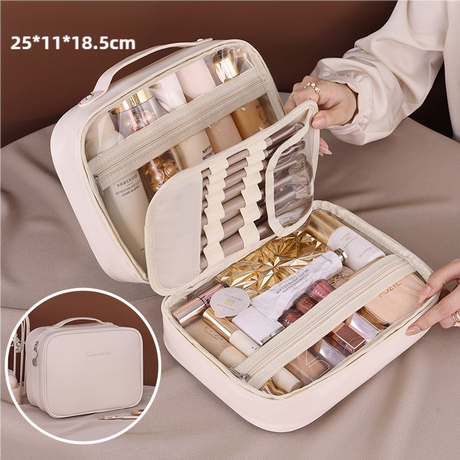 White Portable PU Leather Makeup Bag with Detachable Divider - Travel Cosmetic Organizer