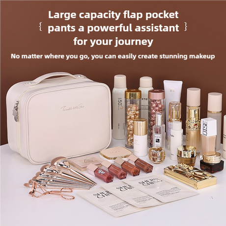 White Portable PU Leather Makeup Bag with Detachable Divider - Travel Cosmetic Organizer