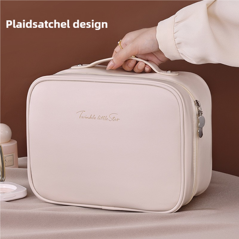 White Portable PU Leather Makeup Bag with Detachable Divider - Travel Cosmetic Organizer