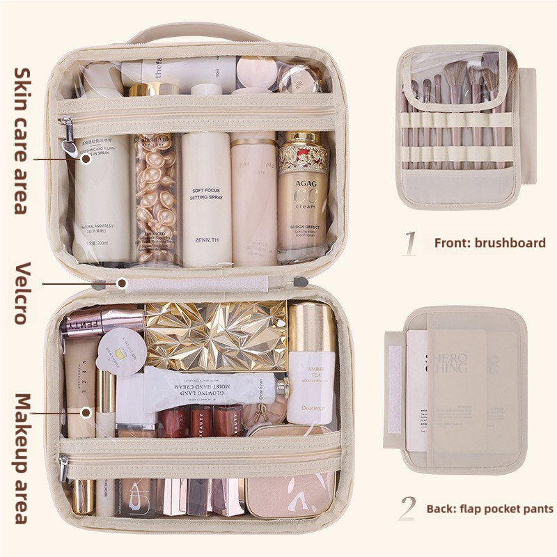 White Portable PU Leather Makeup Bag with Detachable Divider - Travel Cosmetic Organizer