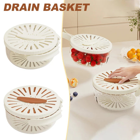 2PCS White Double-Layer Fruit and Vegetable Drain Basket - Multifunctional Collapsible Kitchen Strainer with Handle for Washing and Storage