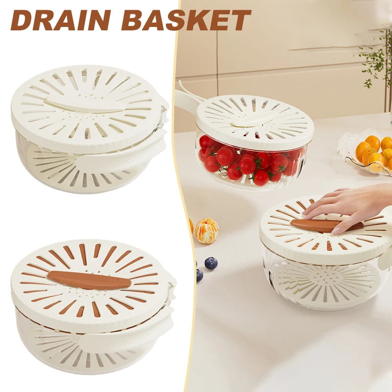 2PCS White Double-Layer Fruit and Vegetable Drain Basket - Multifunctional Collapsible Kitchen Strainer with Handle for Washing and Storage