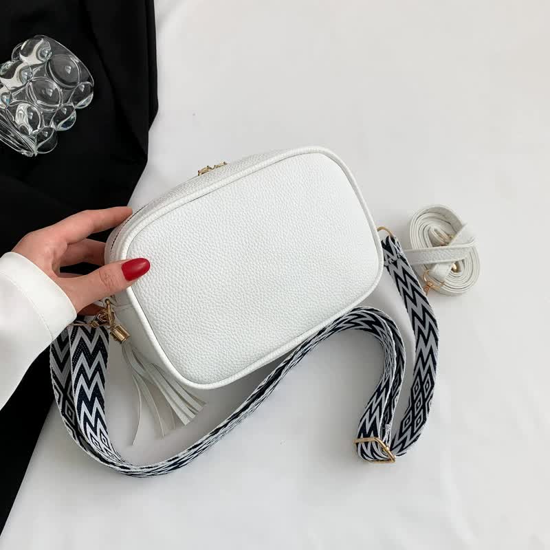 White Trendy Crossbody Shoulder Bag with Tassel Accent - Compact and Stylish