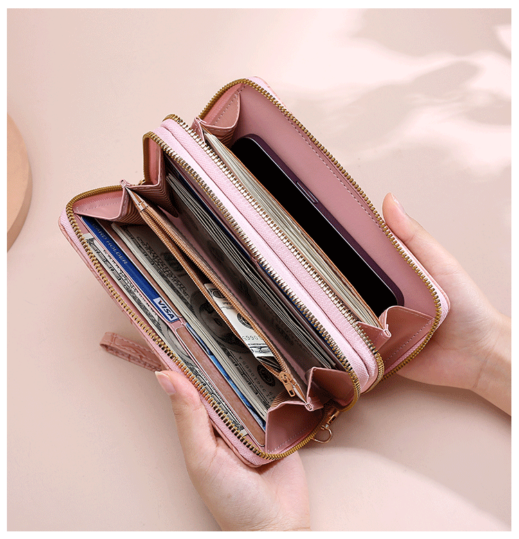 2 PCS Pink Elegant Floral Embossed Long Wallet with Double Zipper