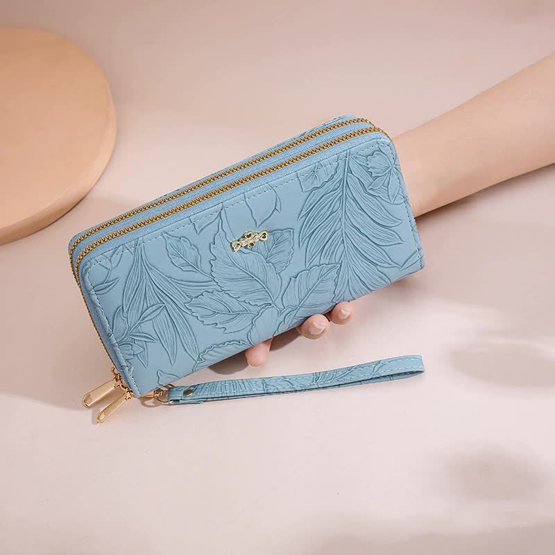 2 PCS Blue Elegant Floral Embossed Long Wallet with Double Zipper