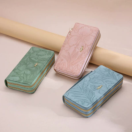 2 PCS Blue Elegant Floral Embossed Long Wallet with Double Zipper