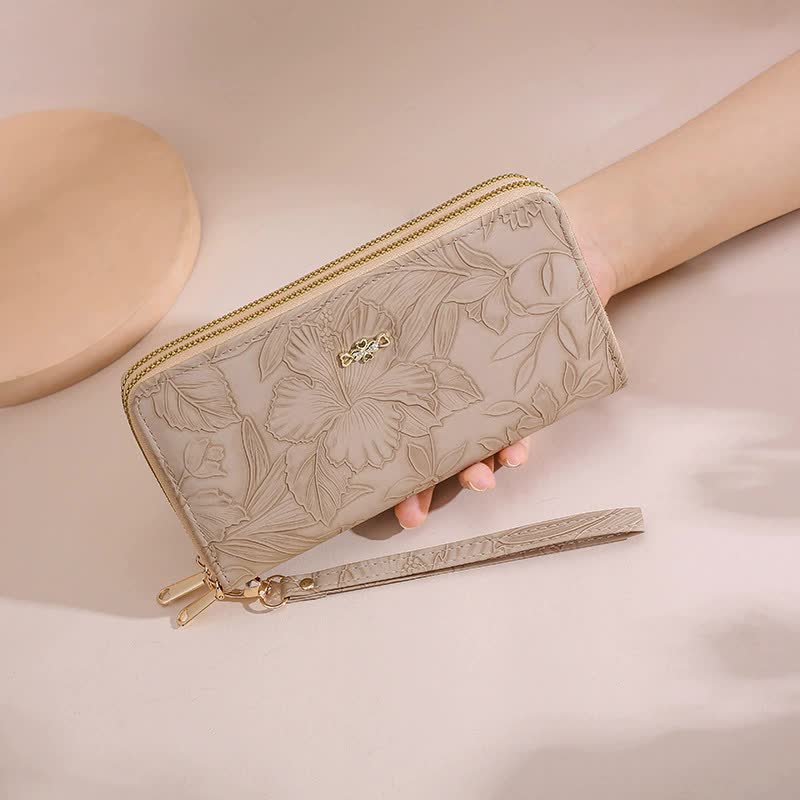 2 PCS Apricot Elegant Floral Embossed Long Wallet with Double Zipper