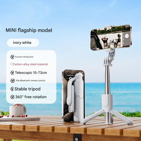 White Portable Selfie Stick Tripod with Bluetooth Remote - Compact and Adjustable