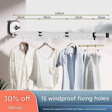 White Wall-Mounted Foldable Clothes Drying Rack - 3-Section Aluminum with 15 Windproof Hooks