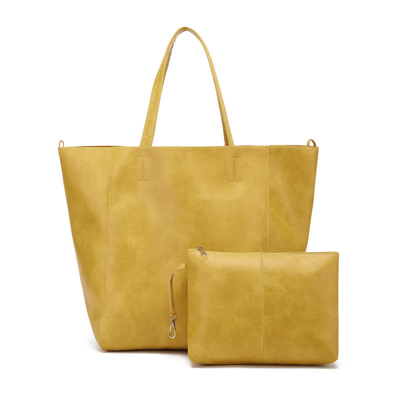 Yellow Classic Large PU Leather Tote Bag with Inner Pouch - Elegant and Functional