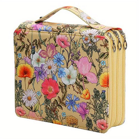 Yellow Floral Design Portable Zippered Pencil Case - 3-Layer Large Capacity Organizer for Stationery & Art Supplies