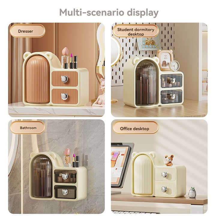 White Cute Bear-Themed Multi-Functional Cosmetic Storage Organizer with Drawers