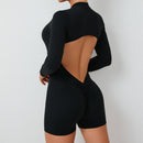 S Black Backless Scrunch Butt Workout Jumpsuit - Long-Sleeve Open-Back Yoga Romper