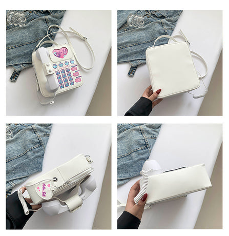 White Sweet Girl Creative Crossbody Bag with Telephone Design, PU Material, Lightweight and Unique