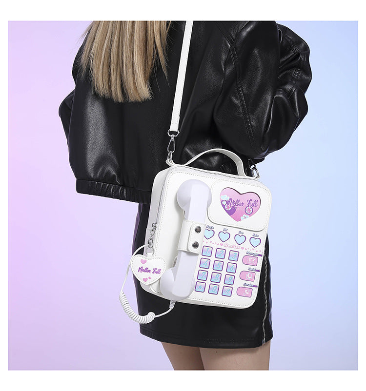 White Sweet Girl Creative Crossbody Bag with Telephone Design, PU Material, Lightweight and Unique