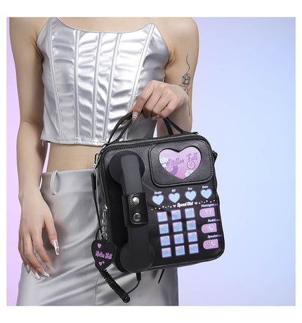 Black Sweet Girl Creative Crossbody Bag with Telephone Design, PU Material, Lightweight and Unique