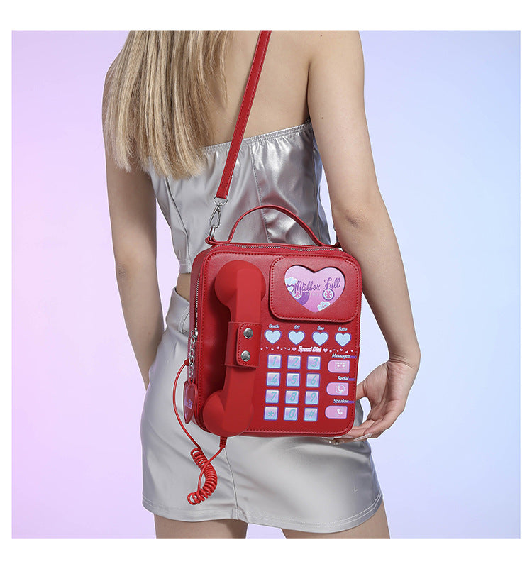 Red Sweet Girl Creative Crossbody Bag with Telephone Design, PU Material, Lightweight and Unique