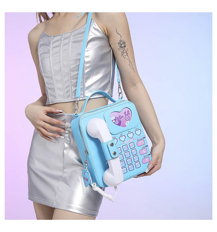 Blue Sweet Girl Creative Crossbody Bag with Telephone Design, PU Material, Lightweight and Unique