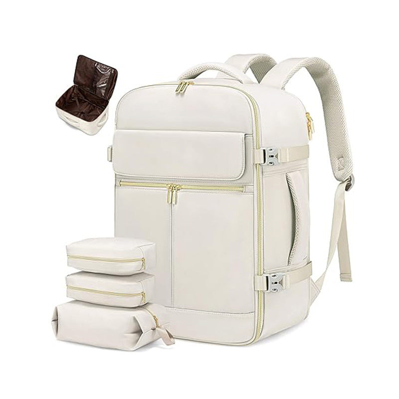 Off White 40L Large Capacity Travel Business Backpack with Expandable Compartments, Including 2 Toiletry Bags and Shoe Bag - Durable Oxford Fabric