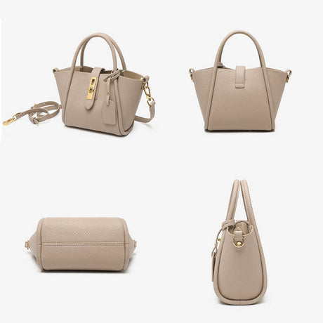 Beige Genuine Leather Women's Handbag - Stylish Bucket Bag with Top Handle and Crossbody Strap