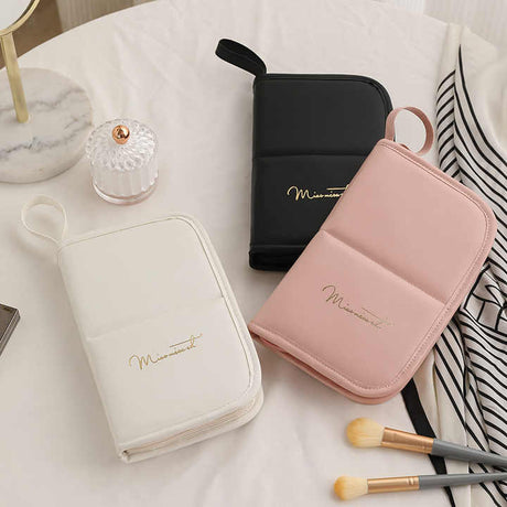 White Portable Shell Makeup Brush Storage Bag - Multi-Functional PU Cosmetic Organizer with Button Closure, Convertible to Stand Design(Make-up brushes are filming props, not included)