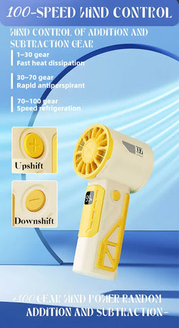 Yellow 100-Speed Mecha Handheld Fan | USB Rechargeable High-Speed Mini Fan | Powerful & Silent | Lightweight 150g with 6-8 Hour Battery Life