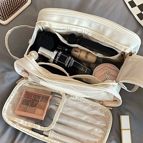 White Large Capacity Makeup Organizer Bag - Travel-Friendly Double-Zip Cosmetic Storage Case for Women(Makeup items are shooting props and are not included)