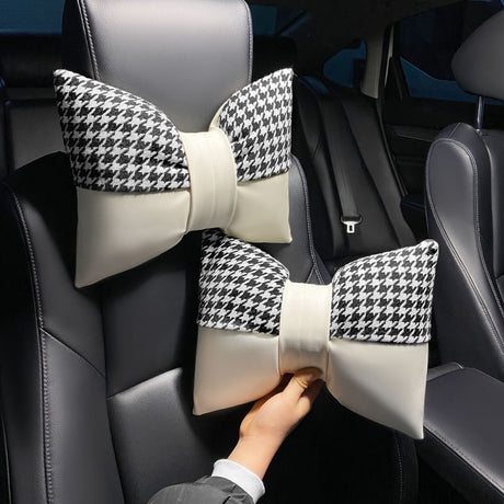 1 Pair (Headrest + Pillow) White Cute Bowtie Car Headrest Pillow and Waist Cushion Set, Stylish Houndstooth Design, Soft Neck and Back Support for Car Interior