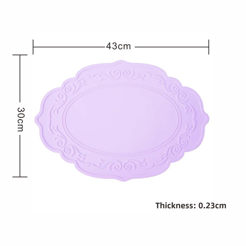 2 Pcs Purple Oval Embossed Floral Edged Silicone Placemats, Non-Slip, Heat-Resistant, Easy-to-Clean Dining Table Mats, Korean and European Style