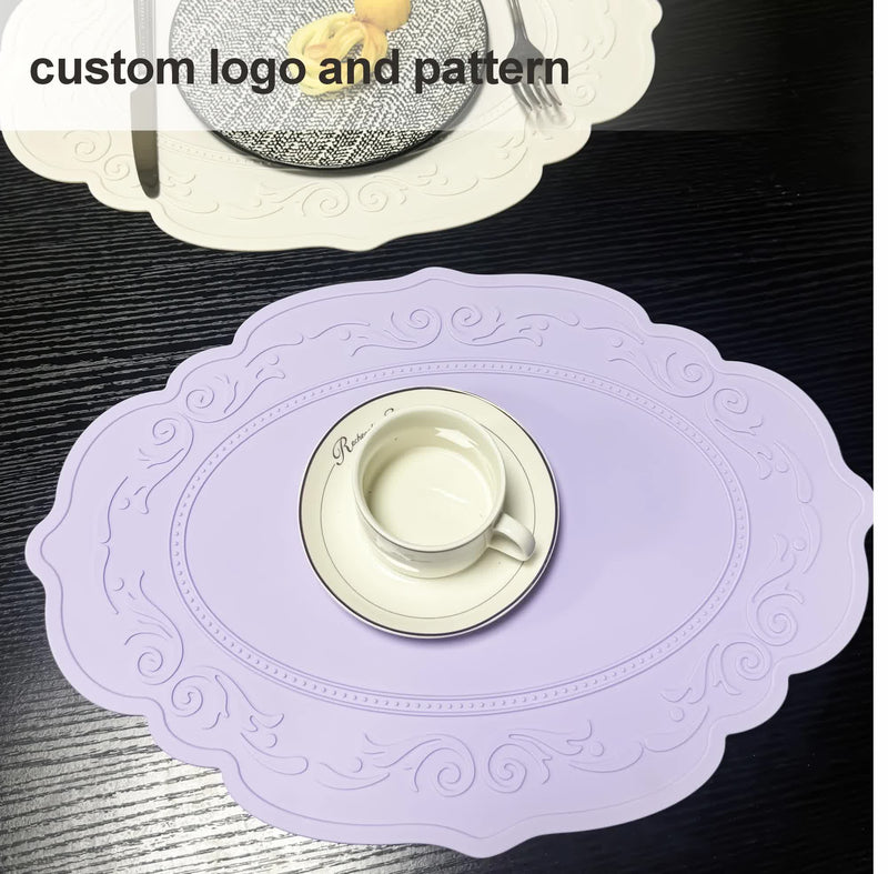 2 Pcs Purple Oval Embossed Floral Edged Silicone Placemats, Non-Slip, Heat-Resistant, Easy-to-Clean Dining Table Mats, Korean and European Style