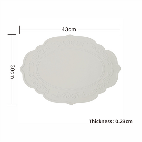 2 Pcs Grey Oval Embossed Floral Edged Silicone Placemats, Non-Slip, Heat-Resistant, Easy-to-Clean Dining Table Mats, Korean and European Style