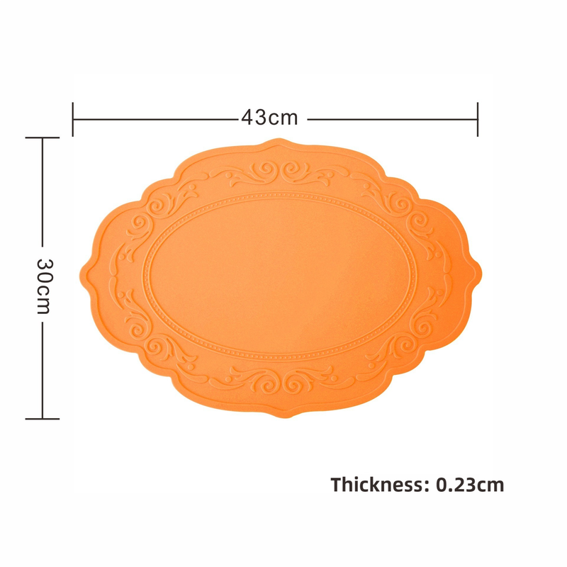 2 Pcs Orange Oval Embossed Floral Edged Silicone Placemats, Non-Slip, Heat-Resistant, Easy-to-Clean Dining Table Mats, Korean and European Style