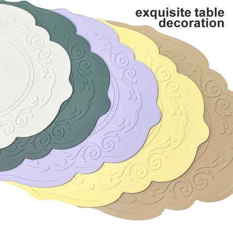 2 Pcs Orange Oval Embossed Floral Edged Silicone Placemats, Non-Slip, Heat-Resistant, Easy-to-Clean Dining Table Mats, Korean and European Style