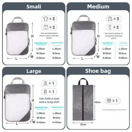 Grey Compression Travel Storage Bags Set, Mesh Travel Organizers for Luggage, Foldable and Space-Saving Packing Cubes