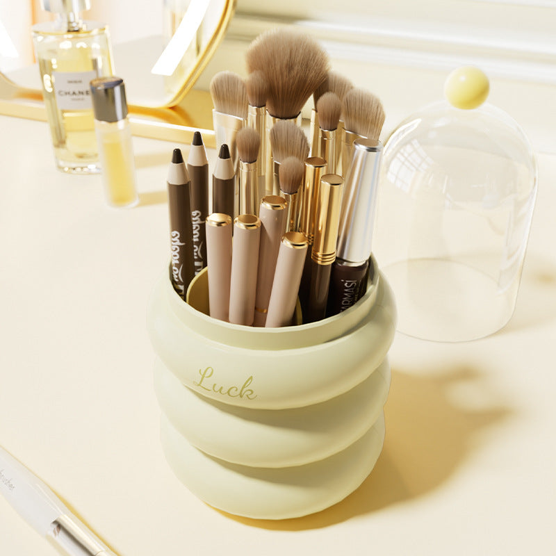 Yellow 360° Rotating Makeup Brush Holder with Clear Dome – Stylish Organizer for Vanity, Desk, and Bathroom