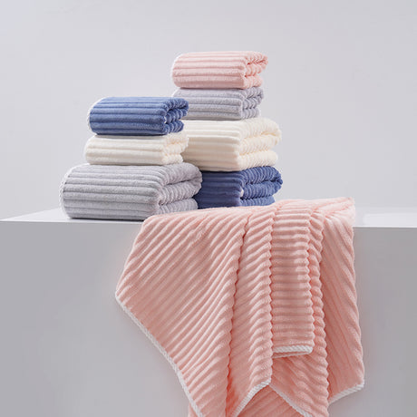 White Soft Candy Stripe Coral Fleece Bath Towel and Washcloth Set, Ultra Absorbent, Skin-Friendly