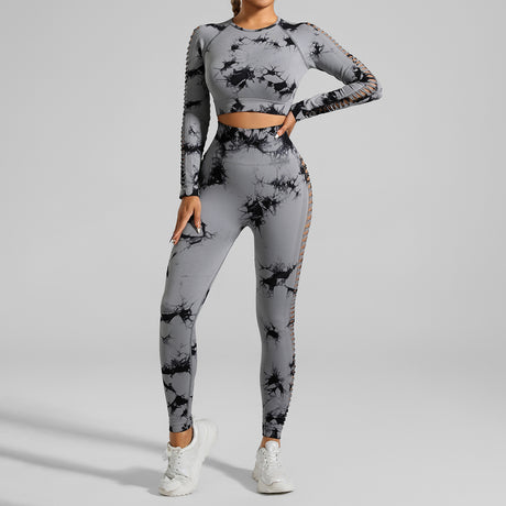 Light Gray Size L Tie-Dye Yoga Set Long Sleeve Butt Lift Leggings Seamless Workout Training Gym Clothes