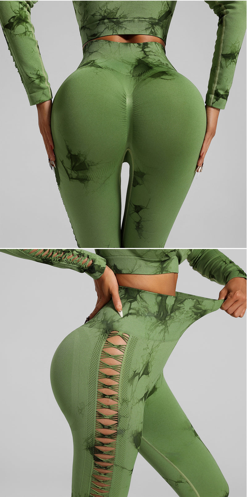 Grass Green Size S Tie-Dye Yoga Set Long Sleeve Butt Lift Leggings Seamless Workout Training Gym Clothes