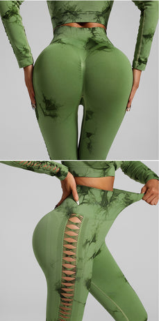 Grass Green Size M Tie-Dye Yoga Set Long Sleeve Butt Lift Leggings Seamless Workout Training Gym Clothes