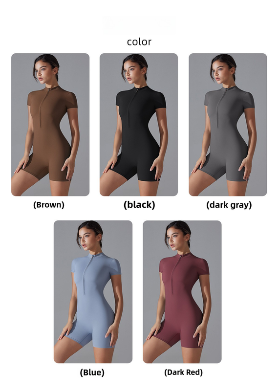 Brown Size S Women's Summer Zip-Up Bodysuit - Short Sleeve, High Stretch Yoga & Dance Outfit, Breathable Fitness Wear