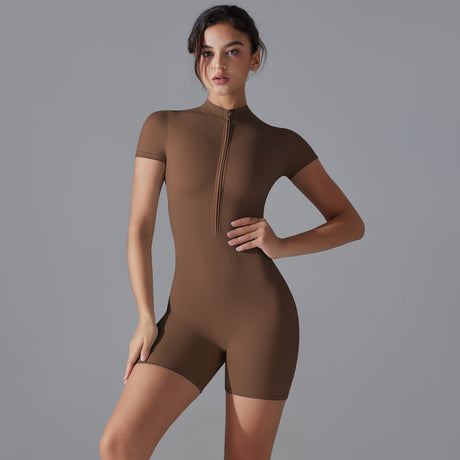 Brown Size M Women's Summer Zip-Up Bodysuit - Short Sleeve, High Stretch Yoga & Dance Outfit, Breathable Fitness Wear