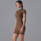 Brown Size L Women's Summer Zip-Up Bodysuit - Short Sleeve, High Stretch Yoga & Dance Outfit, Breathable Fitness Wear